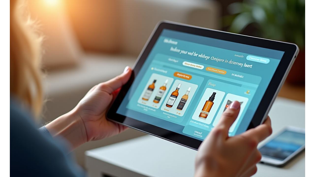A visual representation of completing an online quiz, with hands interacting with a tablet showing various wellness options